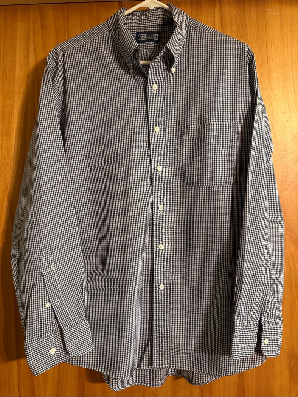 Lands End Blue and White Gingham Button-Down Shirt